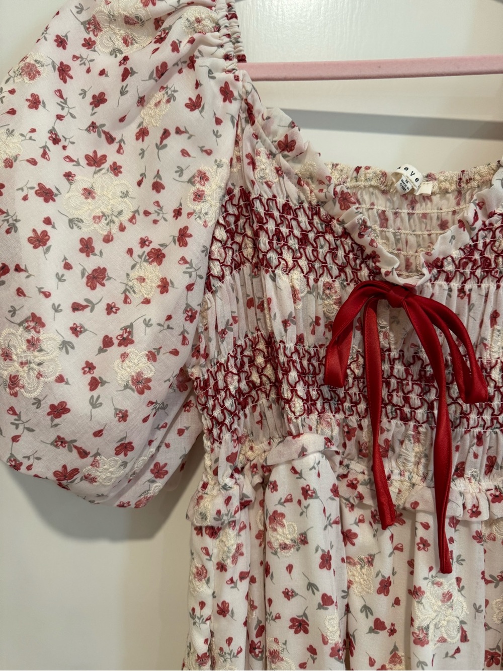 Smocked Puff-Sleeve Floral Maxi Dress - White with Red Floral - Picture 5 of 6